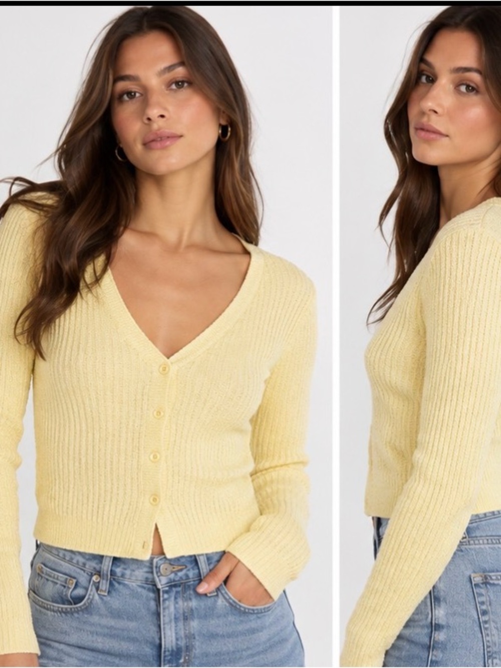 Soft V-Neck Ribbed Sweater - yellow cardigan